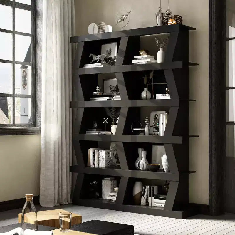Libreria a giorno, mensola decorativa dalla forma particolare, contenitore multifunzionale con più vani, nera