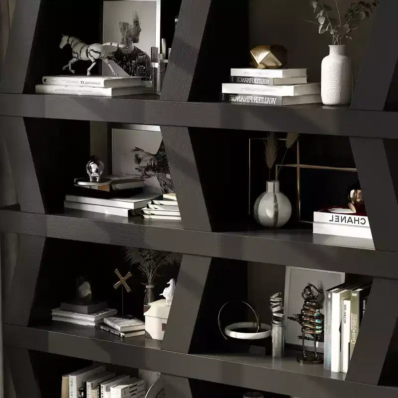 Libreria a giorno, mensola decorativa dalla forma particolare, contenitore multifunzionale con più vani, nera