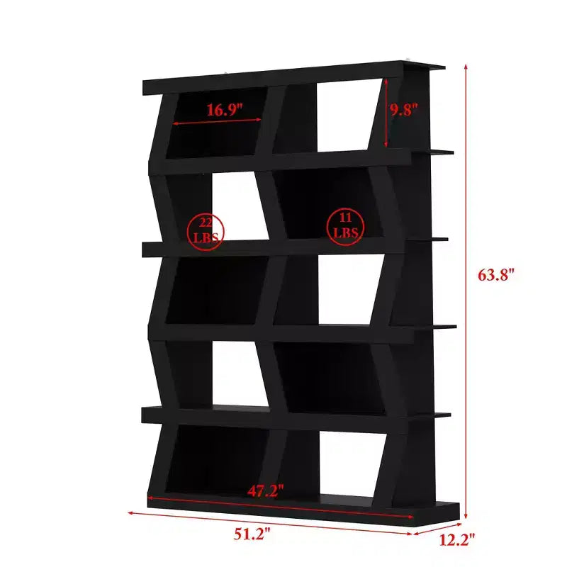 Libreria a giorno, mensola decorativa dalla forma particolare, contenitore multifunzionale con più vani, nera