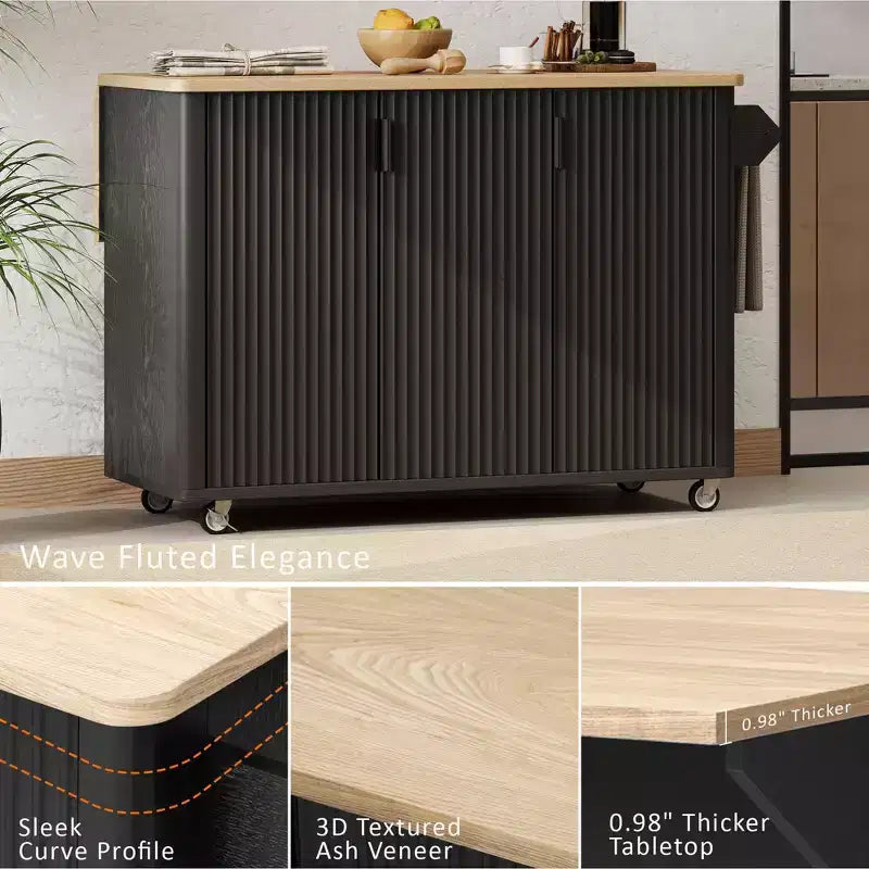 51-Inch Modern Mobile Kitchen Island/Storage Cart (with Lockable Casters, Drop-Leaf Countertop, Storage Shelves, and Towel Rack; Ash/Black Ash Finish)