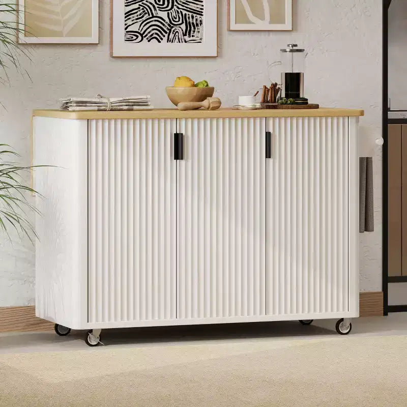 51-Inch Modern Mobile Kitchen Island/Storage Cart (with Lockable Casters, Drop-Leaf Countertop, Storage Shelves, and Towel Rack; Ash/Black Ash Finish)