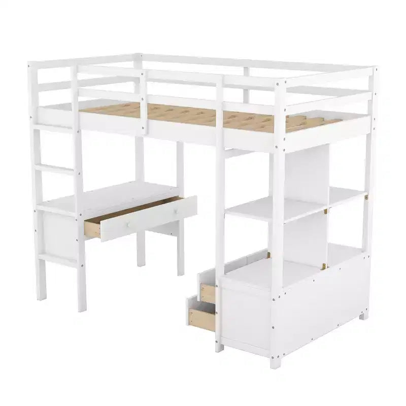 Drewniane łóżko na antresoli 78.20''L  57.50''W z wbudowanym biurkiem, dwiema szufladami, półkami i szufladami do przechowywania