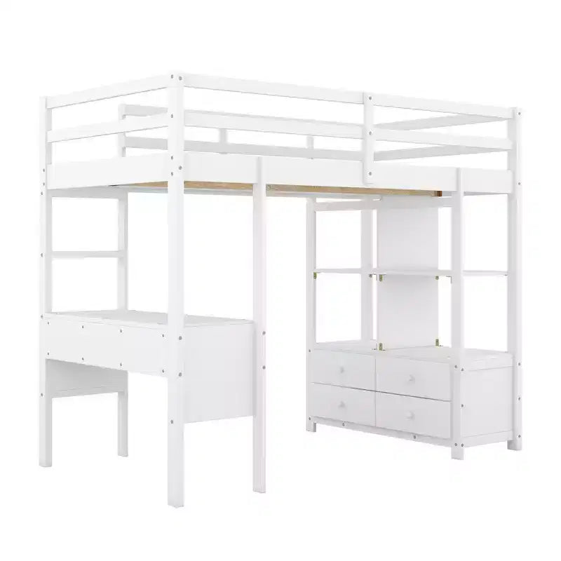 Drewniane łóżko na antresoli 78.20''L  57.50''W z wbudowanym biurkiem, dwiema szufladami, półkami i szufladami do przechowywania