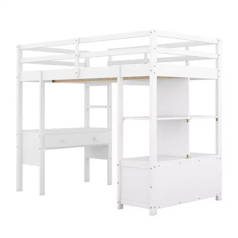 Drewniane łóżko na antresoli 78.20''L  57.50''W z wbudowanym biurkiem, dwiema szufladami, półkami i szufladami do przechowywania