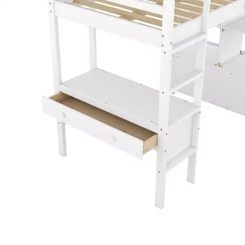 Drewniane łóżko na antresoli 78.20''L  57.50''W z wbudowanym biurkiem, dwiema szufladami, półkami i szufladami do przechowywania