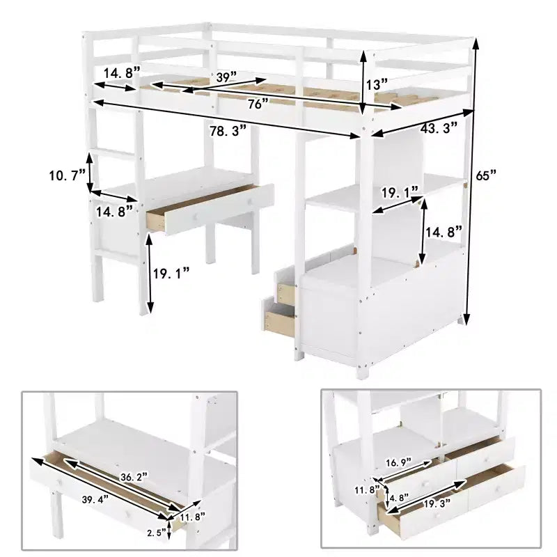 Drewniane łóżko na antresoli 78.20''L  57.50''W z wbudowanym biurkiem, dwiema szufladami, półkami i szufladami do przechowywania