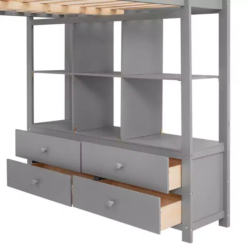 Drewniane łóżko na antresoli 78.20''L  57.50''W z wbudowanym biurkiem, dwiema szufladami, półkami i szufladami do przechowywania
