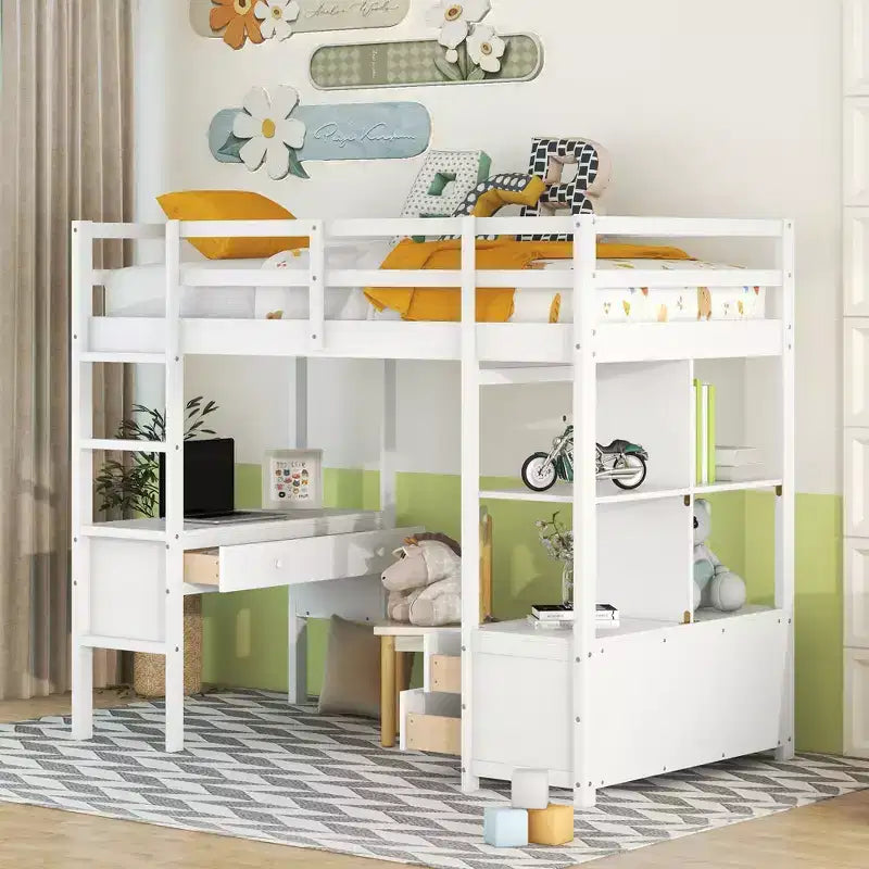 Drewniane łóżko na antresoli 78.20''L  57.50''W z wbudowanym biurkiem, dwiema szufladami, półkami i szufladami do przechowywania