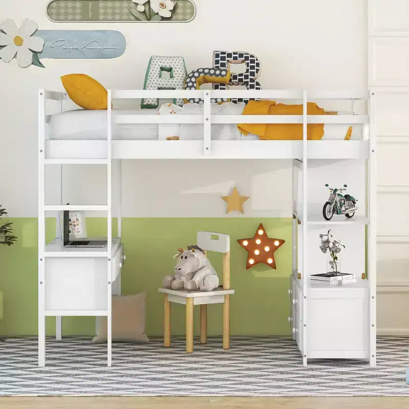 78.20''L  57.50''W Wood Loft Bed with Built-in Desk with Two Drawers, Storage Shelves and Drawers