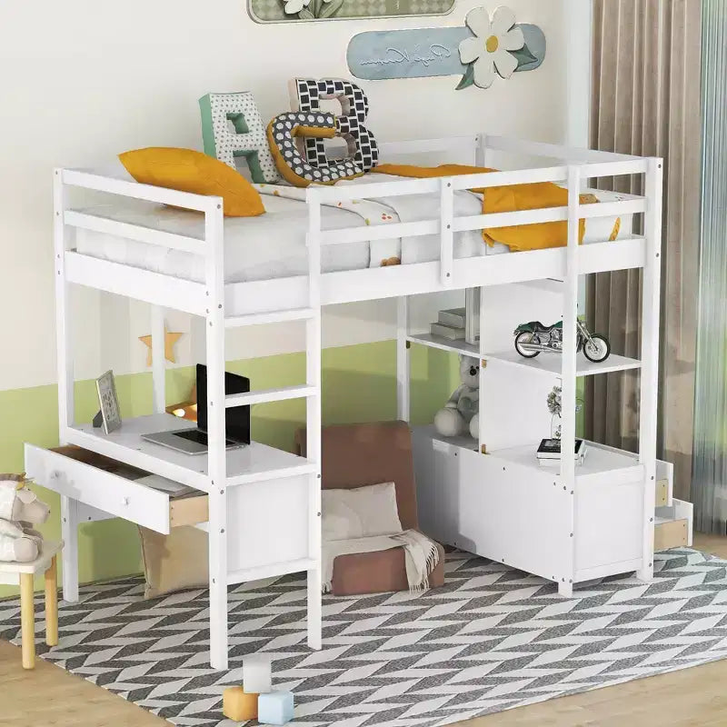 Drewniane łóżko na antresoli 78.20''L  57.50''W z wbudowanym biurkiem, dwiema szufladami, półkami i szufladami do przechowywania