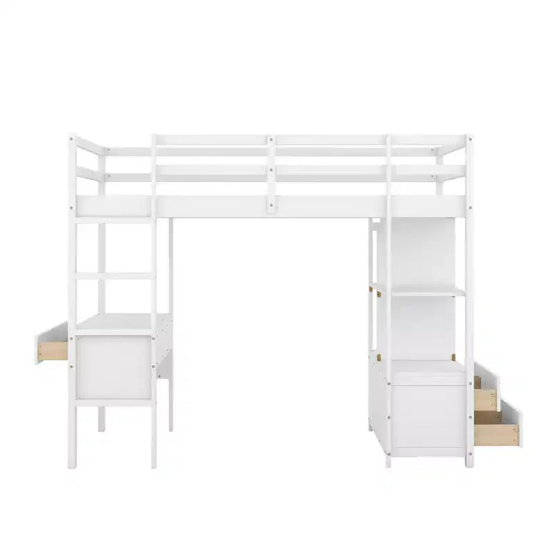 78.20''L  57.50''W Wood Loft Bed with Built-in Desk with Two Drawers, Storage Shelves and Drawers
