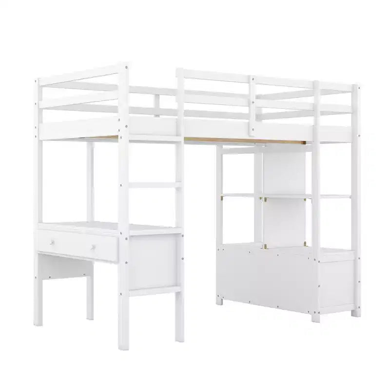 Drewniane łóżko na antresoli 78.20''L  57.50''W z wbudowanym biurkiem, dwiema szufladami, półkami i szufladami do przechowywania