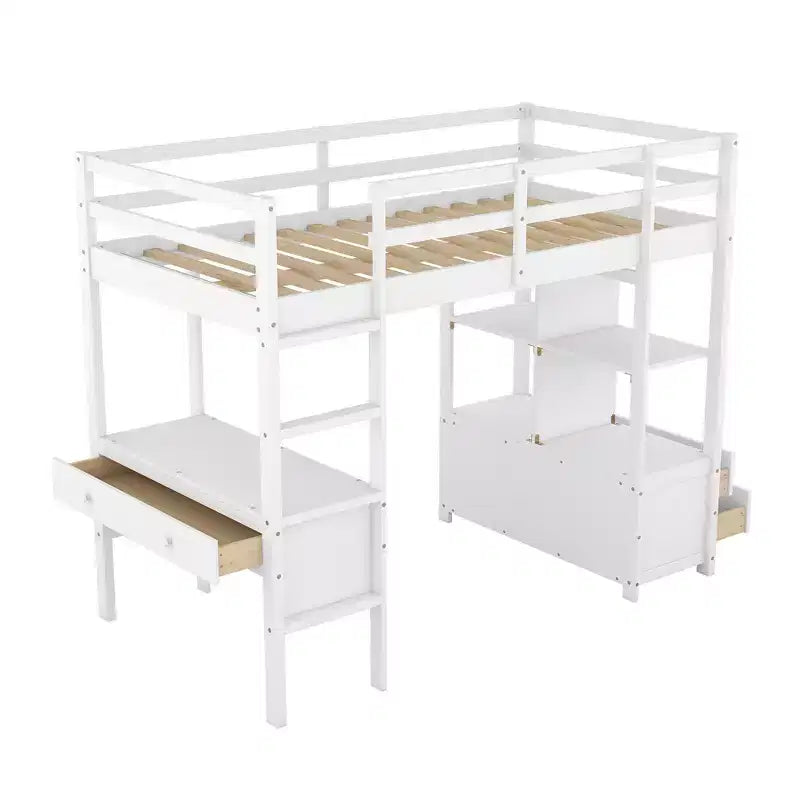 Drewniane łóżko na antresoli 78.20''L  57.50''W z wbudowanym biurkiem, dwiema szufladami, półkami i szufladami do przechowywania