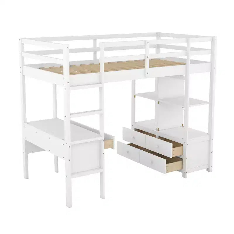 Drewniane łóżko na antresoli 78.20''L  57.50''W z wbudowanym biurkiem, dwiema szufladami, półkami i szufladami do przechowywania
