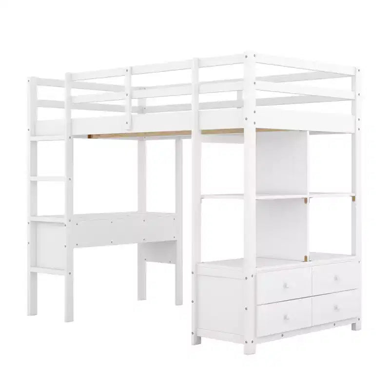 Drewniane łóżko na antresoli 78.20''L  57.50''W z wbudowanym biurkiem, dwiema szufladami, półkami i szufladami do przechowywania