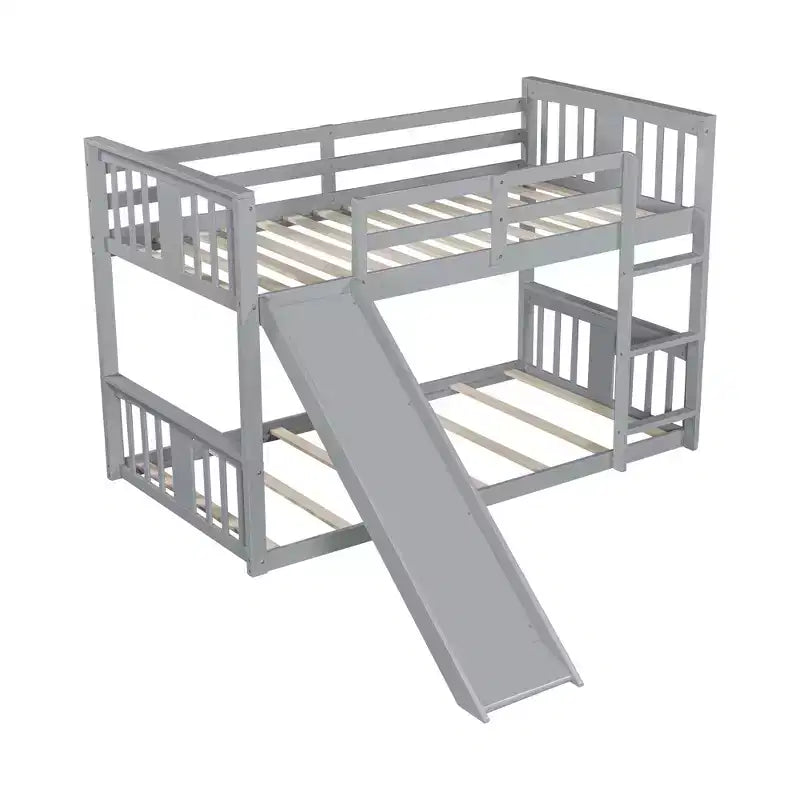Floor-Level Bunk Bed for Kids (with Guardrails, Headboard, and Footboard; Low-Profile Design; Suitable for Boys and Girls; Gray)