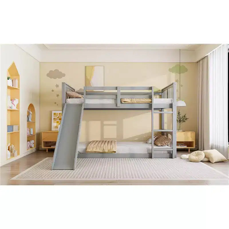 Floor-Level Bunk Bed for Kids (with Guardrails, Headboard, and Footboard; Low-Profile Design; Suitable for Boys and Girls; Gray)