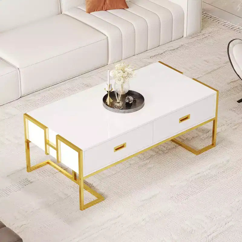 Tavolino da salotto moderno rettangolare - con 4 cassetti e base in metallo dorato; un elegante centrotavola minimalista per il soggiorno