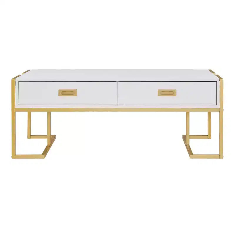 Tavolino da salotto moderno rettangolare - con 4 cassetti e base in metallo dorato; un elegante centrotavola minimalista per il soggiorno