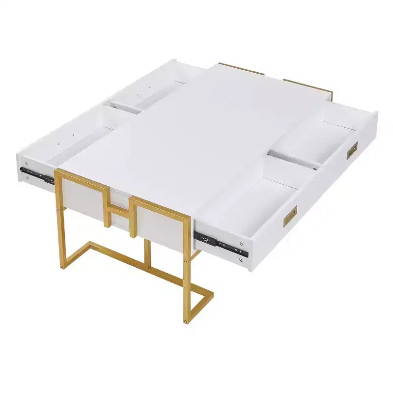 Tavolino da salotto moderno rettangolare - con 4 cassetti e base in metallo dorato; un elegante centrotavola minimalista per il soggiorno