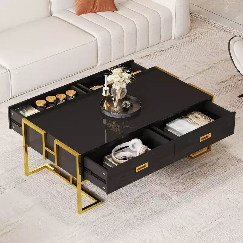 Modern Rectangular Coffee Table – Featuring 4 Drawers and a Gold Metal Base; A Stylish, Minimalist Centerpiece for the Living Room