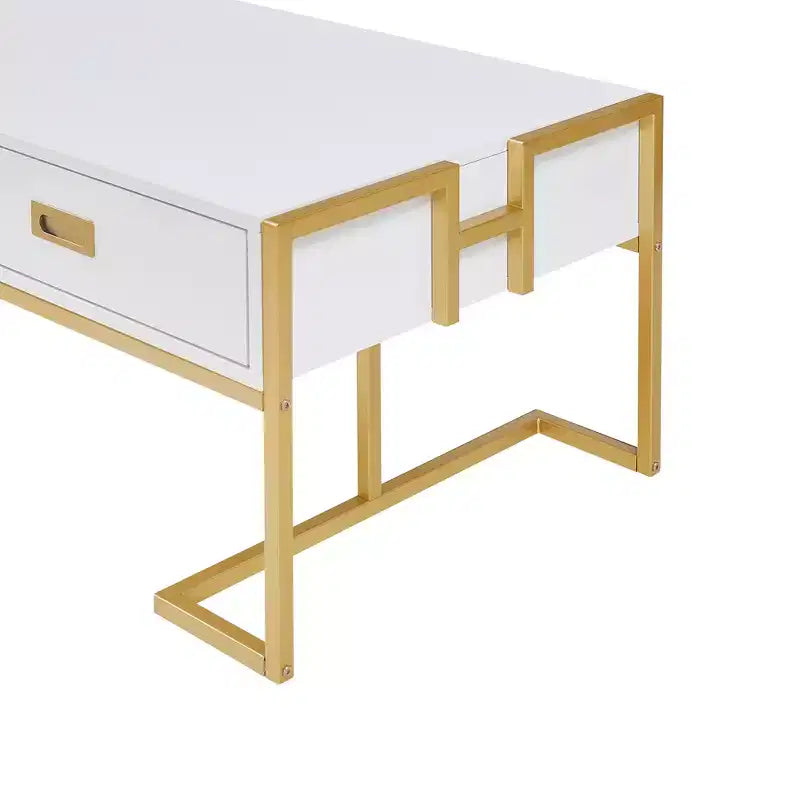 Tavolino da salotto moderno rettangolare - con 4 cassetti e base in metallo dorato; un elegante centrotavola minimalista per il soggiorno