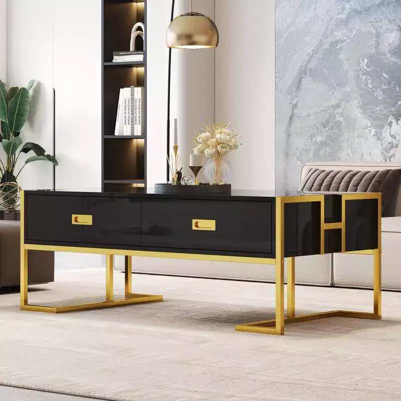 Modern Rectangular Coffee Table – Featuring 4 Drawers and a Gold Metal Base; A Stylish, Minimalist Centerpiece for the Living Room