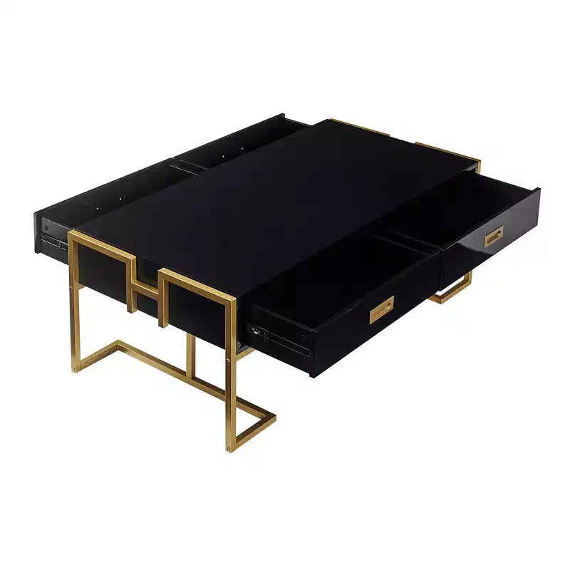 Tavolino da salotto moderno rettangolare - con 4 cassetti e base in metallo dorato; un elegante centrotavola minimalista per il soggiorno