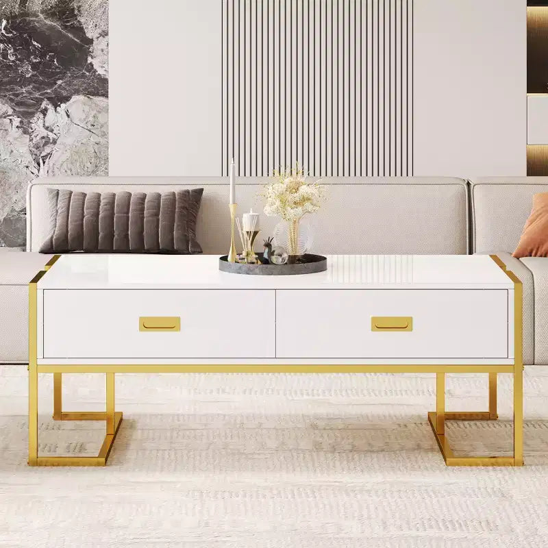 Modern Rectangular Coffee Table – Featuring 4 Drawers and a Gold Metal Base; A Stylish, Minimalist Centerpiece for the Living Room