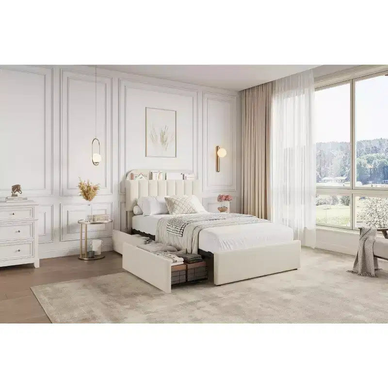 Upholstered Platform Bed Frame with Storage Headboard & Drawers, Velvet Fabric Bed for Kids/Teens, Solid Wood Slats, Low Profile