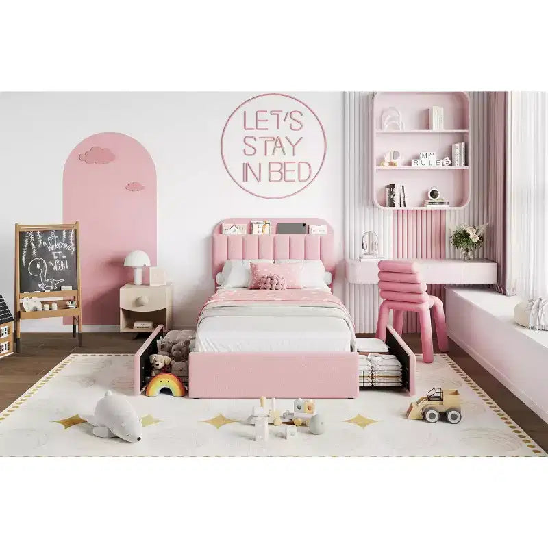 Tapicerowana rama łóżka platformowego z zagłówkiem ze schowkiem i szufladami, łóżko dla dzieci i nastolatków z aksamitną tapicerką, stelaż z listew z litego drewna, niskie