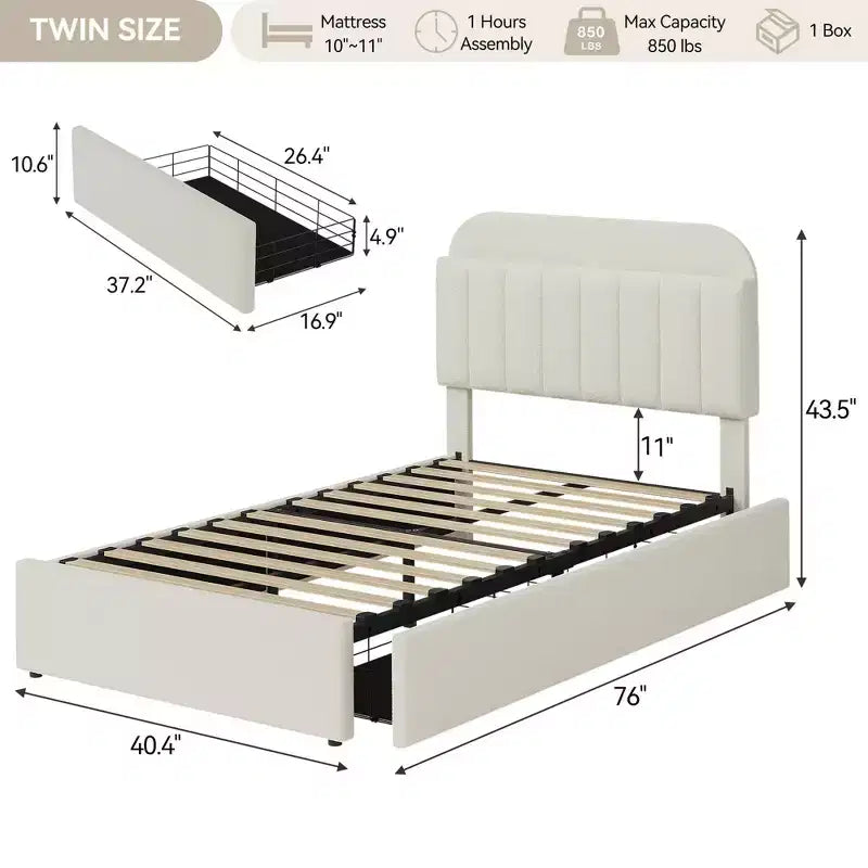 Upholstered Platform Bed Frame with Storage Headboard & Drawers, Velvet Fabric Bed for Kids/Teens, Solid Wood Slats, Low Profile