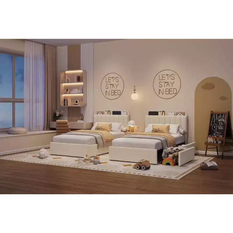 Upholstered Platform Bed Frame with Storage Headboard & Drawers, Velvet Fabric Bed for Kids/Teens, Solid Wood Slats, Low Profile