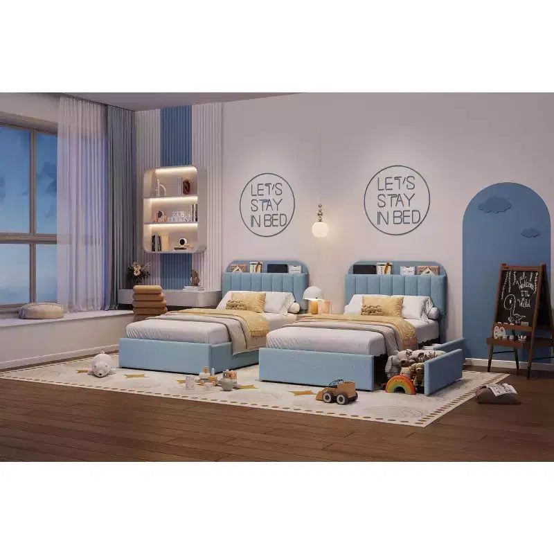 Upholstered Platform Bed Frame with Storage Headboard & Drawers, Velvet Fabric Bed for Kids/Teens, Solid Wood Slats, Low Profile