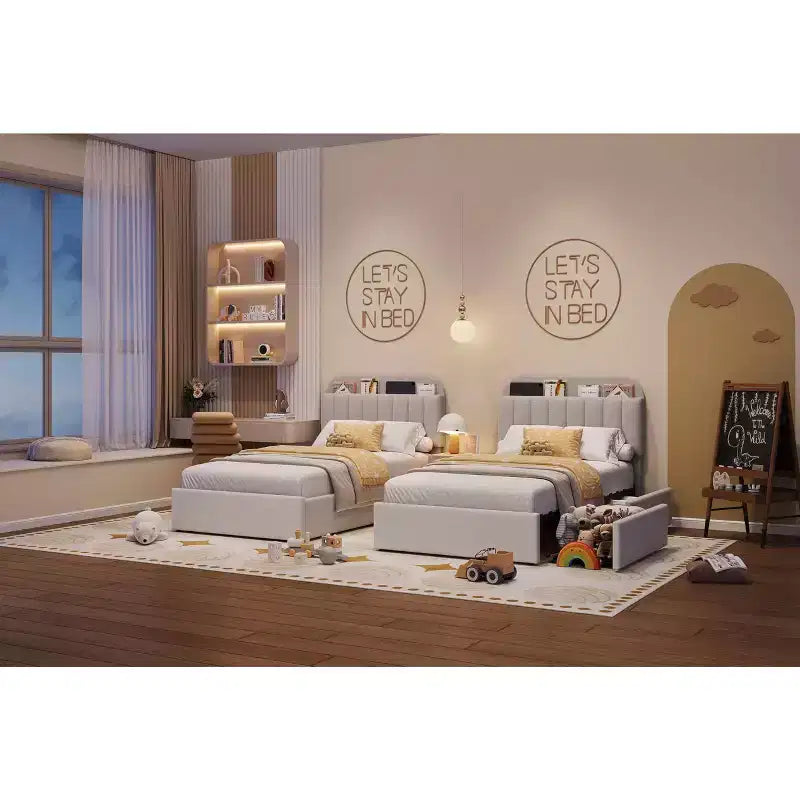 Upholstered Platform Bed Frame with Storage Headboard & Drawers, Velvet Fabric Bed for Kids/Teens, Solid Wood Slats, Low Profile