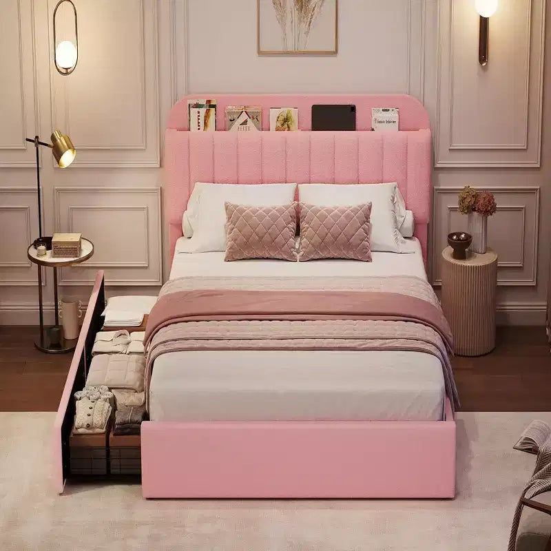 Upholstered Platform Bed Frame with Storage Headboard & Drawers, Velvet Fabric Bed for Kids/Teens, Solid Wood Slats, Low Profile