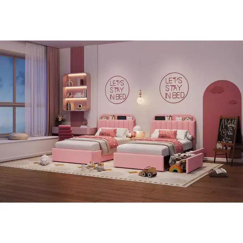 Upholstered Platform Bed Frame with Storage Headboard & Drawers, Velvet Fabric Bed for Kids/Teens, Solid Wood Slats, Low Profile