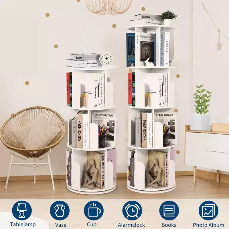 Obrotowy regał na książki z drewna, 4 poziomy, wolnostojący, obracany o 360°, wielofunkcyjny organizer do salonu, dla dzieci i dorosłych