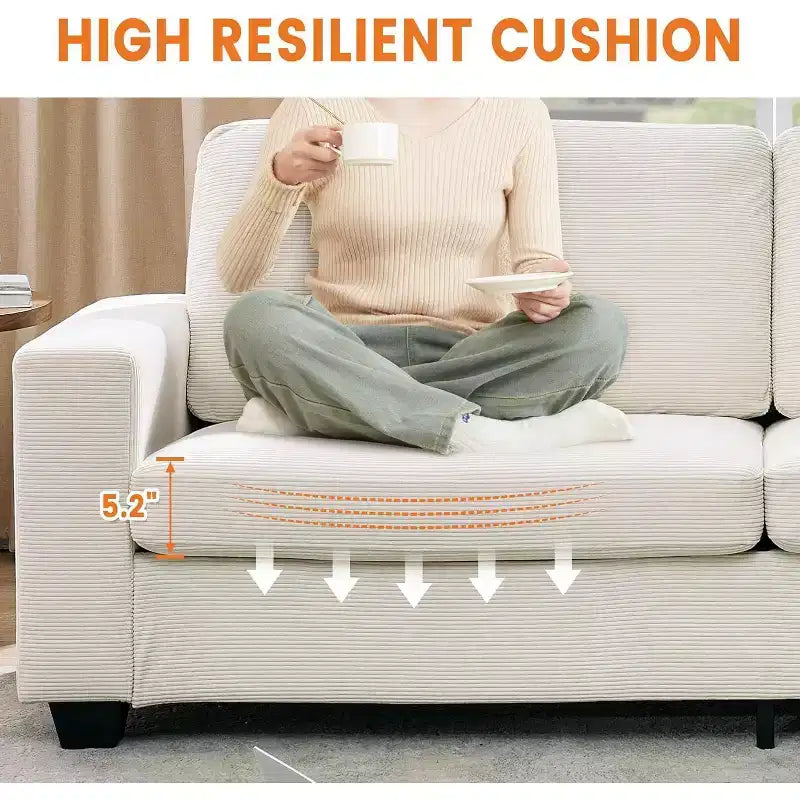 Sofa „Cloud” z głębokim siedziskiem, 84 cale – nowoczesna sofa tapicerowana sztruksem z szerokimi podłokietnikami do salonu (beżowa)