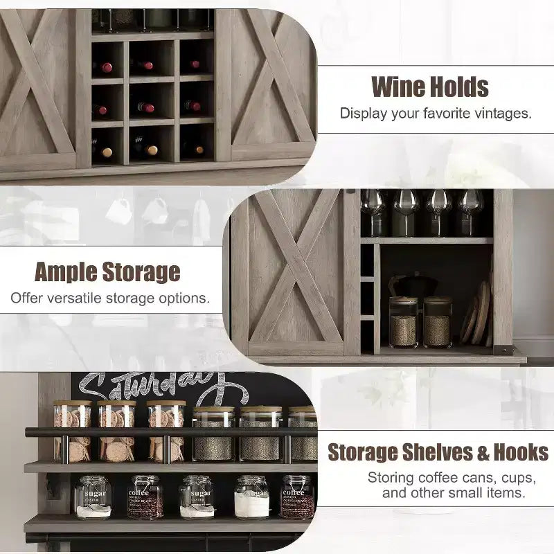 Credenza alta da 75 per caffè, grande dispensa contenitore per cucina, mobile bianco da caffè con ante e porta scorrevole stile fienile