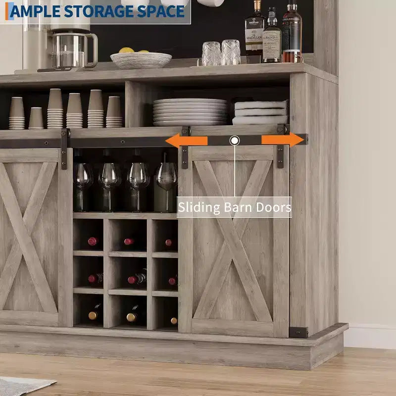 Credenza alta da 75 per caffè, grande dispensa contenitore per cucina, mobile bianco da caffè con ante e porta scorrevole stile fienile