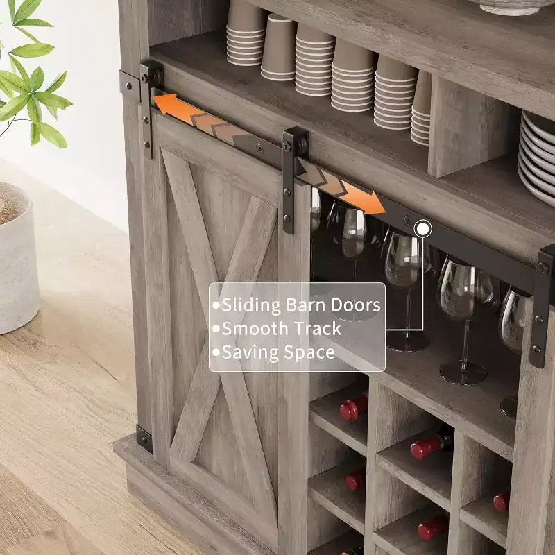 Credenza alta da 75 per caffè, grande dispensa contenitore per cucina, mobile bianco da caffè con ante e porta scorrevole stile fienile