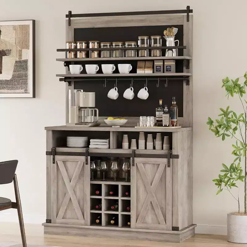 Credenza alta da 75 per caffè, grande dispensa contenitore per cucina, mobile bianco da caffè con ante e porta scorrevole stile fienile