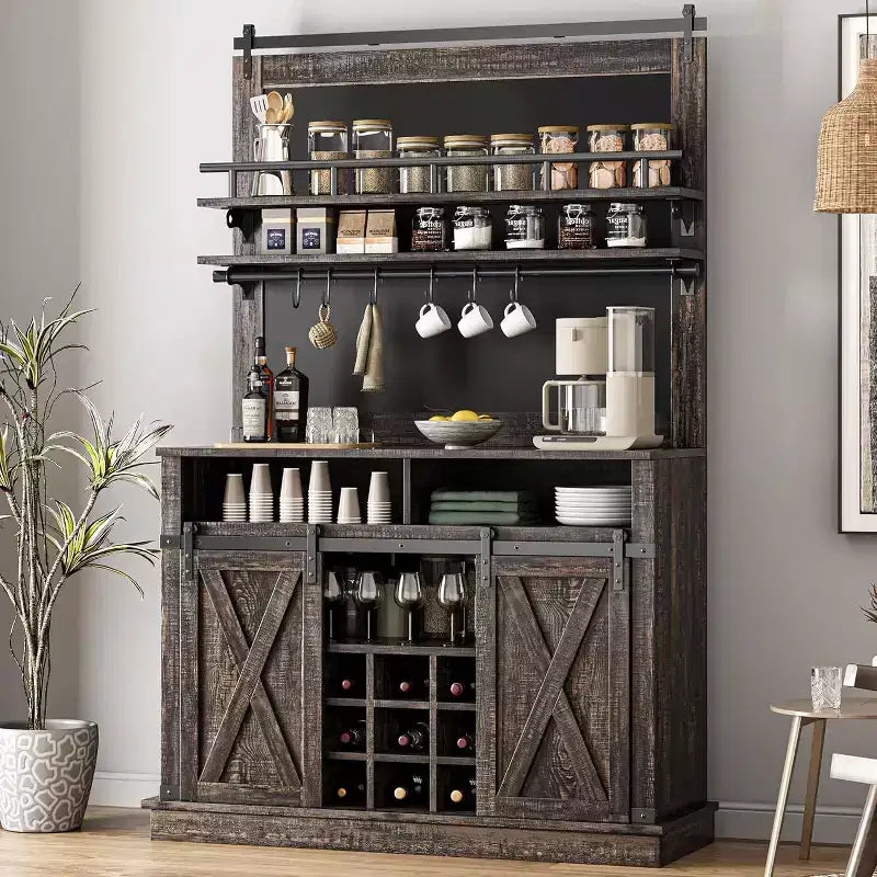 Credenza alta da 75 per caffè, grande dispensa contenitore per cucina, mobile bianco da caffè con ante e porta scorrevole stile fienile