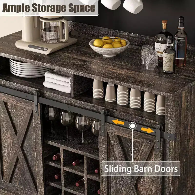 Credenza alta da 75 per caffè, grande dispensa contenitore per cucina, mobile bianco da caffè con ante e porta scorrevole stile fienile