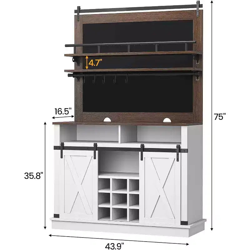 Credenza alta da 75 per caffè, grande dispensa contenitore per cucina, mobile bianco da caffè con ante e porta scorrevole stile fienile