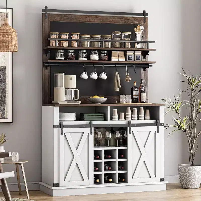 Credenza alta da 75 per caffè, grande dispensa contenitore per cucina, mobile bianco da caffè con ante e porta scorrevole stile fienile
