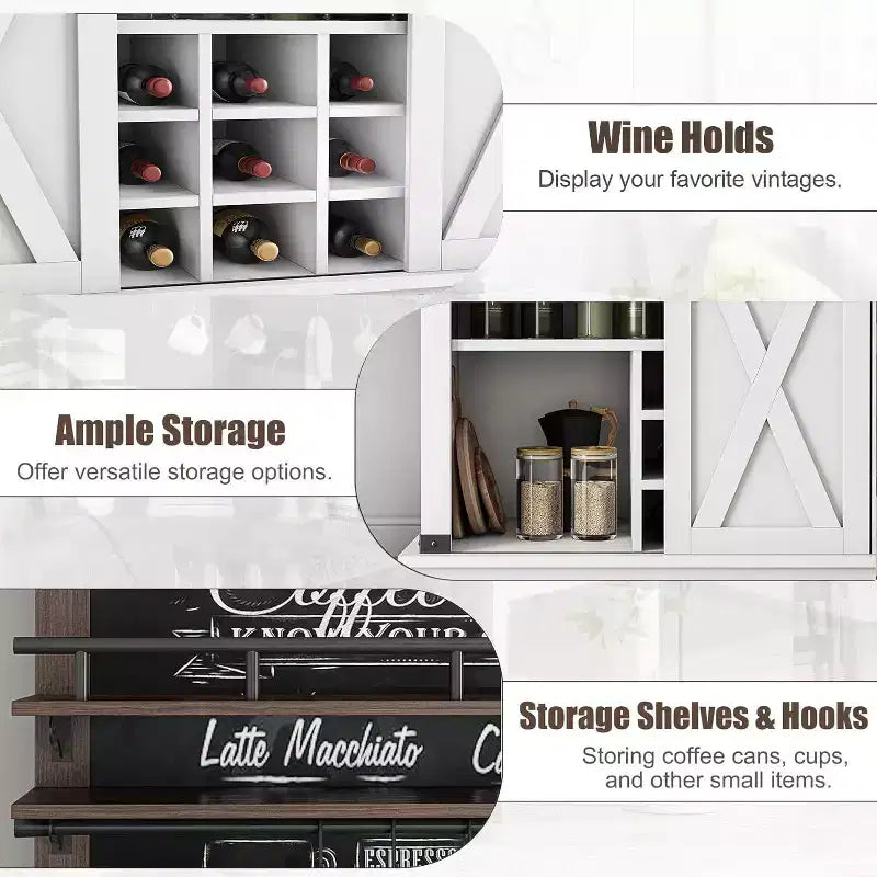 Credenza alta da 75 per caffè, grande dispensa contenitore per cucina, mobile bianco da caffè con ante e porta scorrevole stile fienile