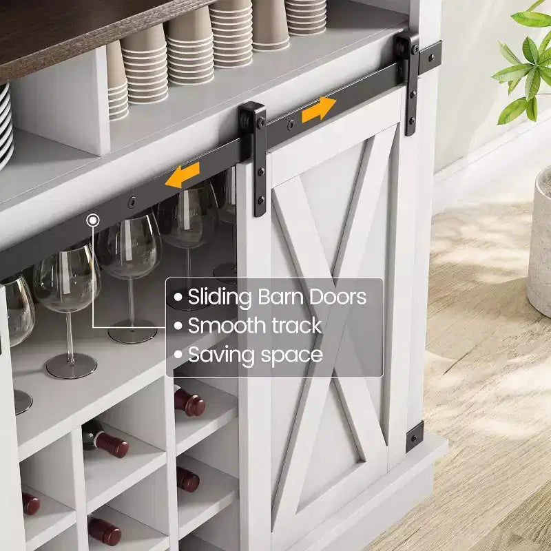 Credenza alta da 75 per caffè, grande dispensa contenitore per cucina, mobile bianco da caffè con ante e porta scorrevole stile fienile