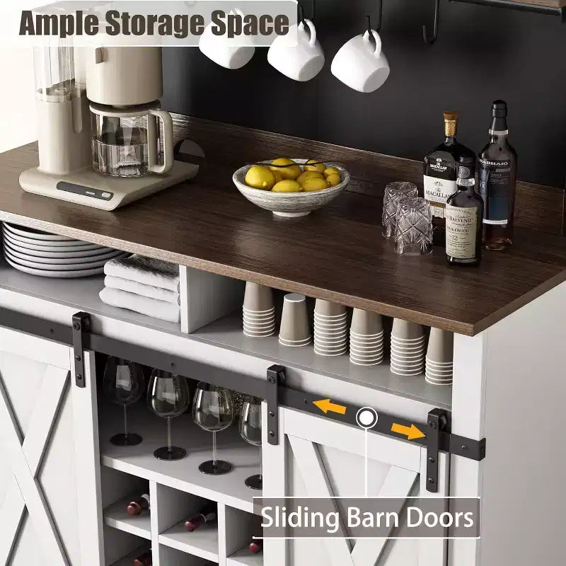 Credenza alta da 75 per caffè, grande dispensa contenitore per cucina, mobile bianco da caffè con ante e porta scorrevole stile fienile